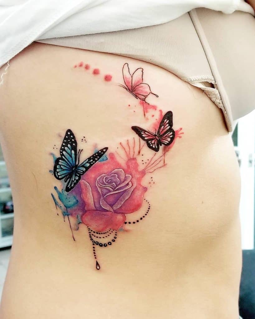 Butterfly with Flower side belly tattoo for girls