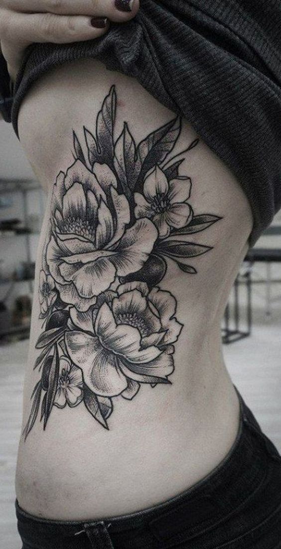 black flowers for side belly tattoo for girls
