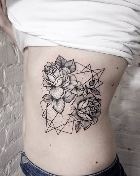 roses with pattern side belly tattoo for girls
