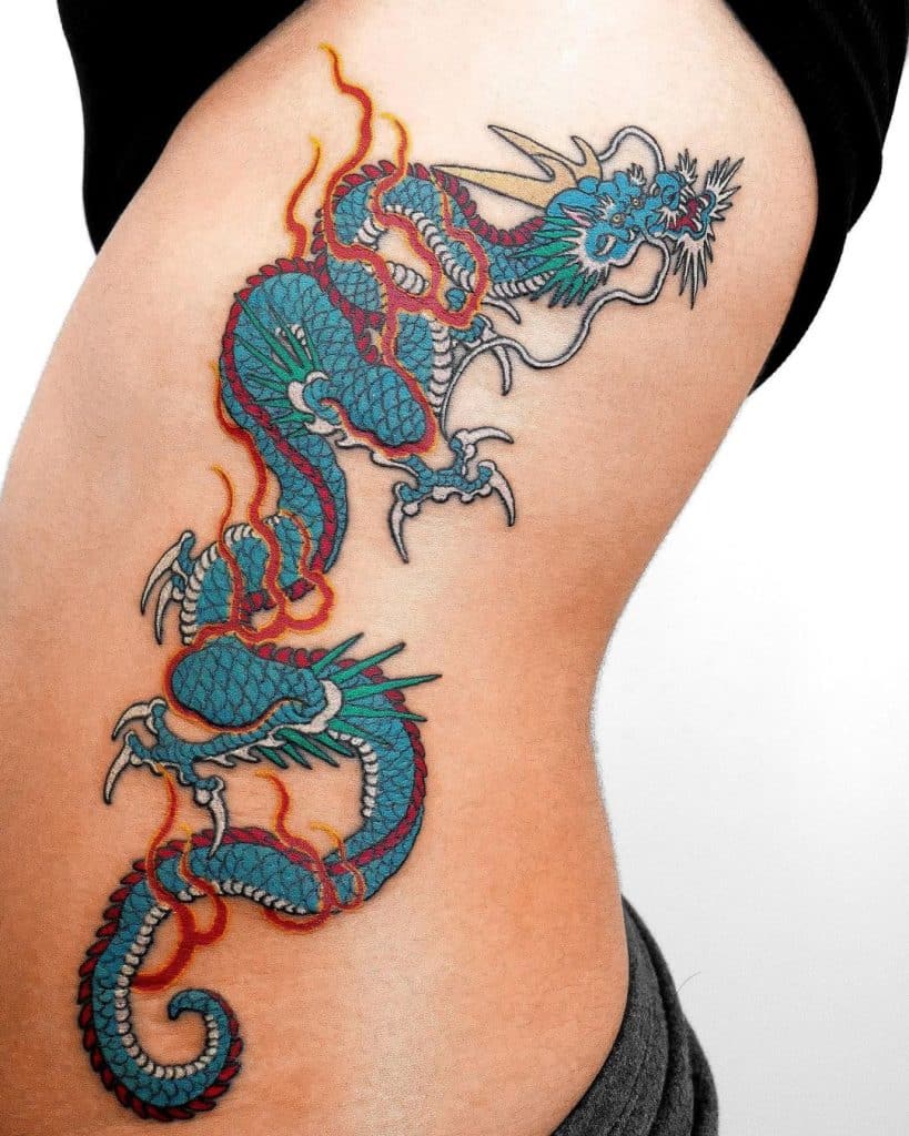 blue dragon on leg side tattoo for girls