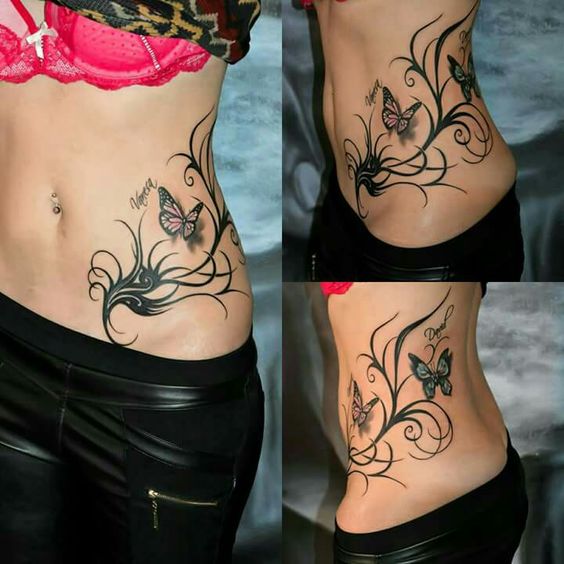 butterfly on plant branch for side belly tattoo for girls