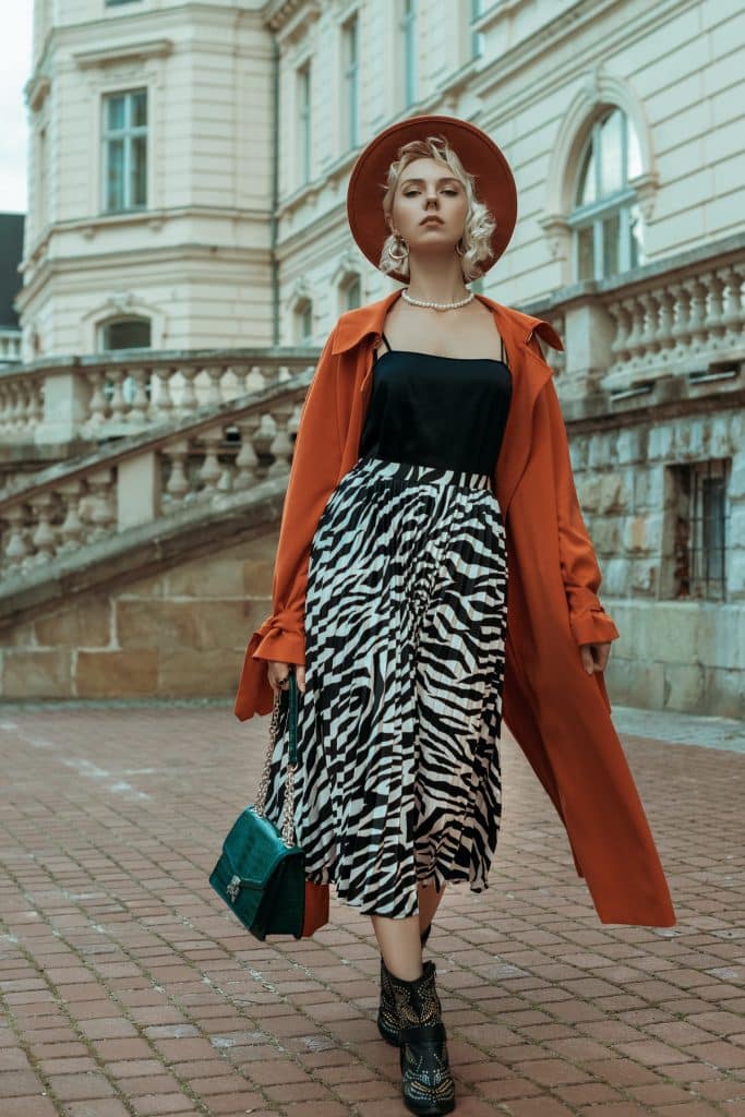 Zebra Print Skirt, Tank top and Brown Trench Coat with Hat----- Winter Birthday Outfits