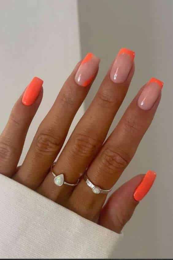 Orange French Solid Colorblock Fake Nail