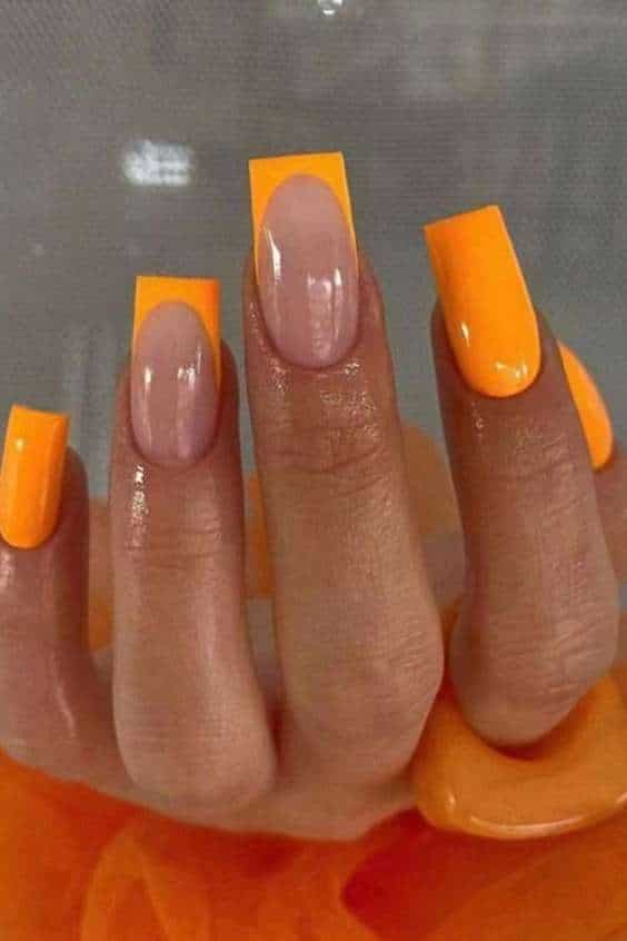 Short Square Two Tone Orange French Solid Color Fake Nail