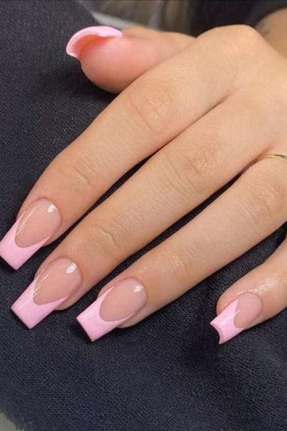 Natural French tip nails with short coffin nails and tapered square nails