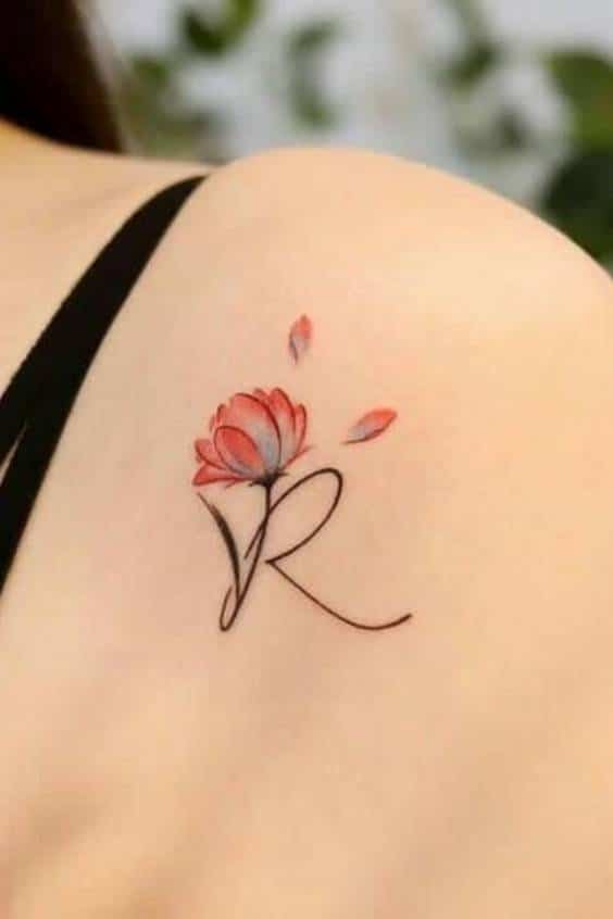 Alphabet R with flower Initial tattoo