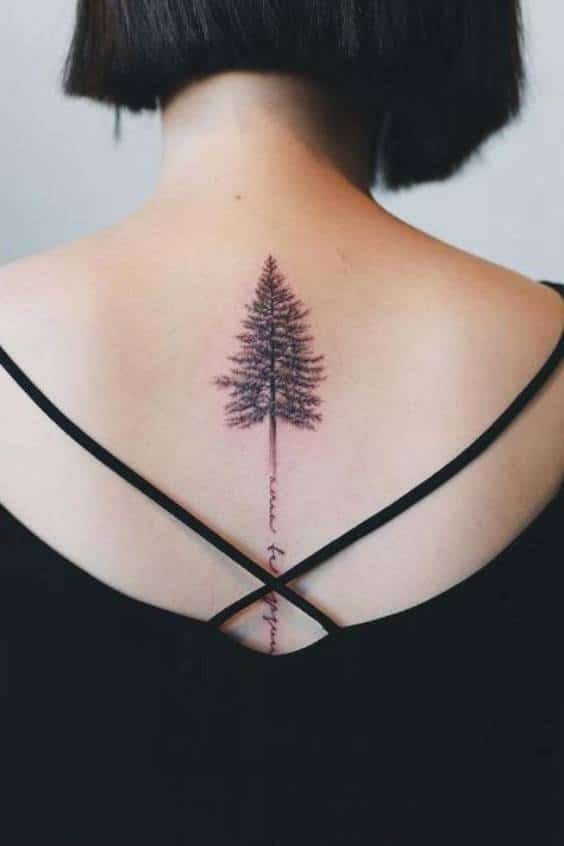 Minimalist Pine Tree Tattoo on back with qoutes