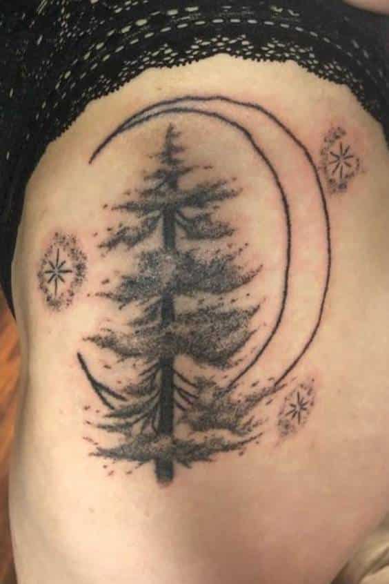 Side Belly Moon and Pine Tree Tattoo