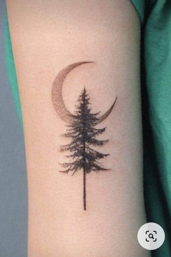 Elegant Moon and Pine Tree Tattoo