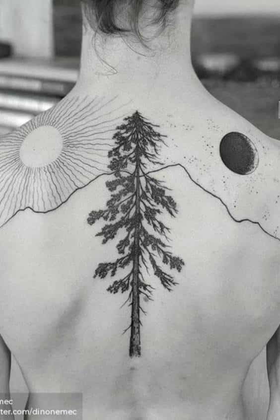 Moon and Pine Tree Tattoo with Mountains