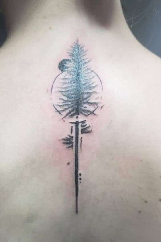 Mid Back Moon and Pine Tree Tattoo