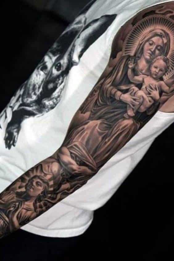 Virgin Marry Tattoos on Full Arm