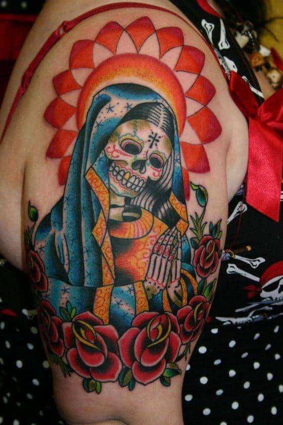 Virgin Mary Sugar Skull Sleeve Tattoos