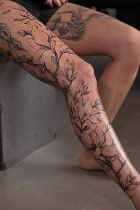 Full Floral leg Vine tattoo