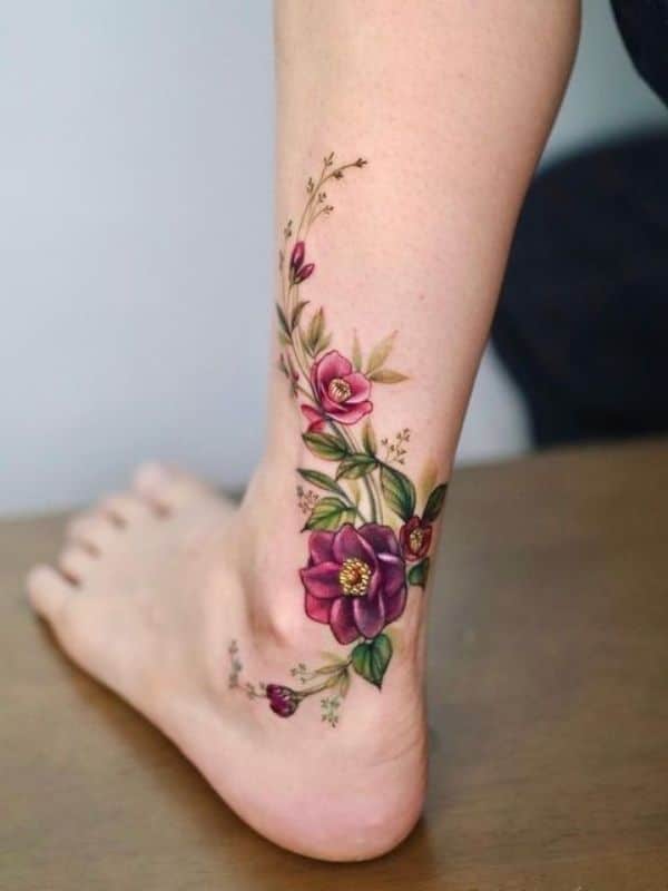 Colorful Floral Ankle Tattoo