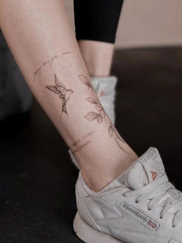 Bird with Lilly Tattoo on Ankle