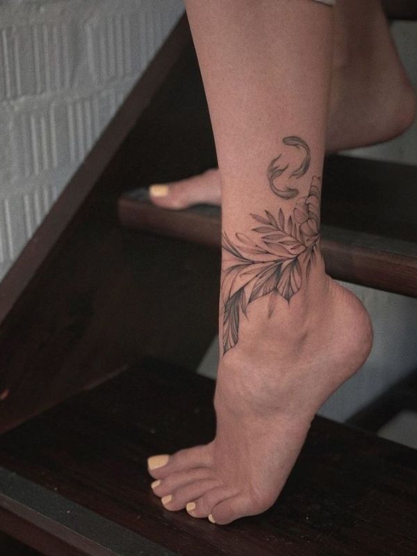Leaf with Fish Ankle Tattoo