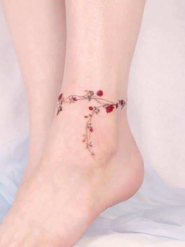 Red Floral Ankle Tattoo