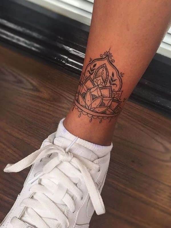 Geometric and Tulip Ankle tattoo
