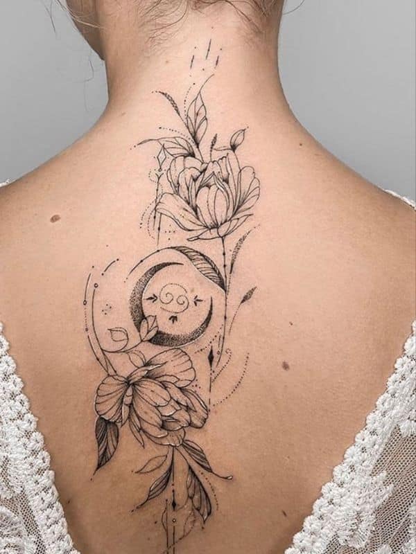 Floral and Moon Back Tattoos