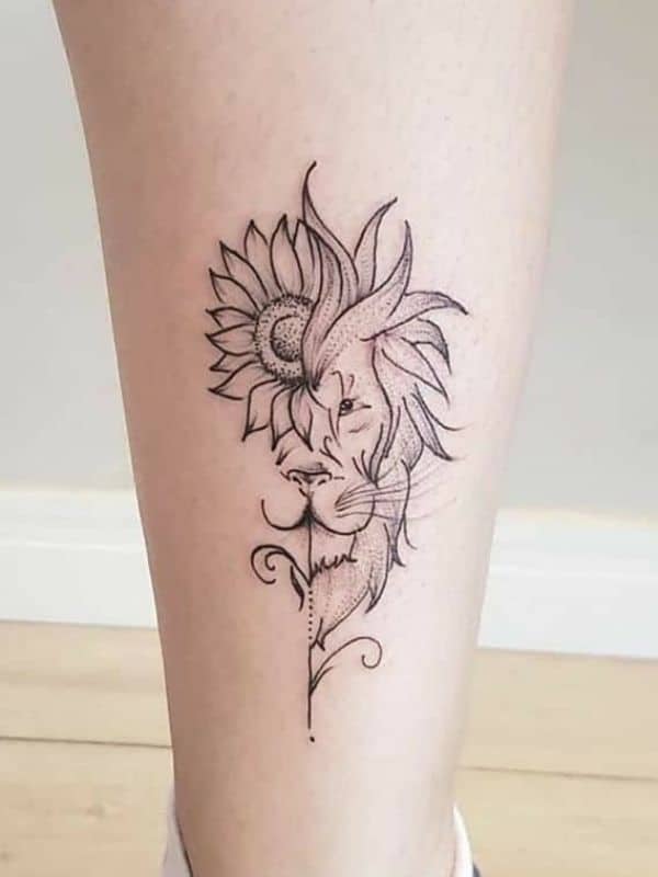 Sunflower with Lion Tattoo on Leg