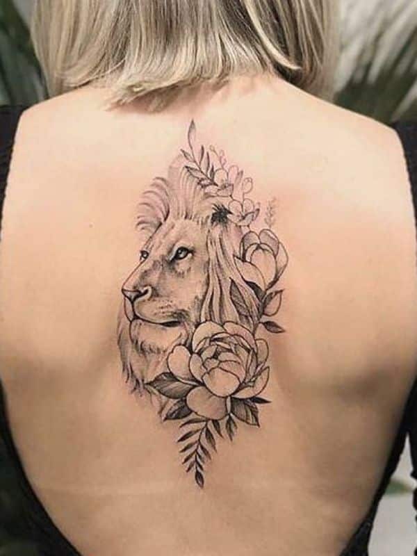 Floral Lion Tattoo on Back