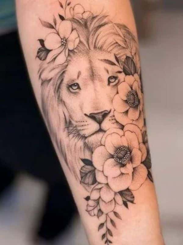 Lion Tattoo with Flowers