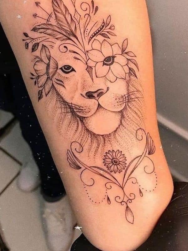 Lion Tattoo with Beauty of Flower