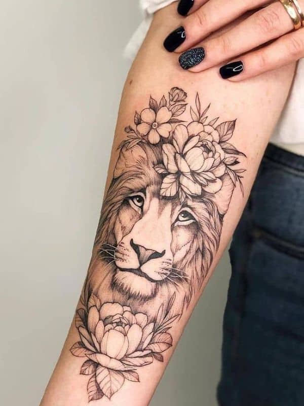 Beautiful Lion Tattoo with Flower