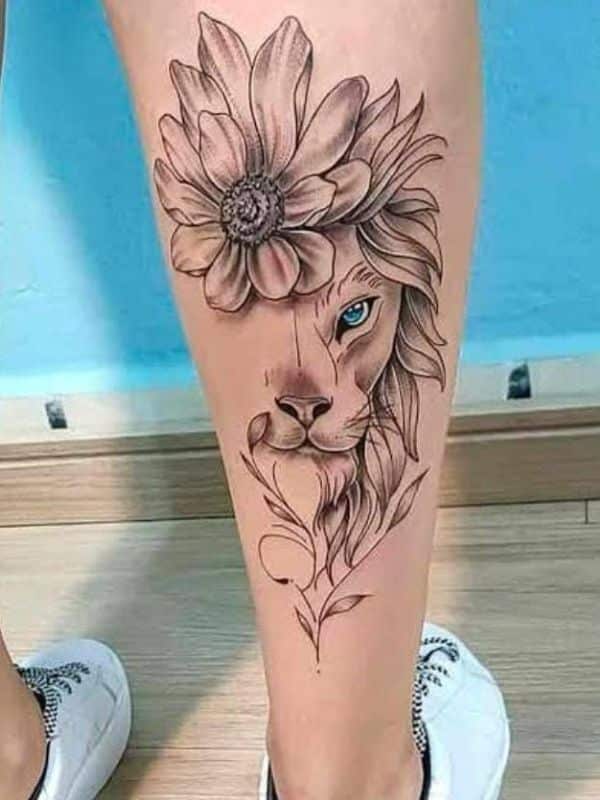 Floral Lion Tattoo on Leg