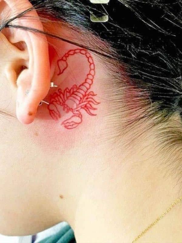 Colour tattoo Red Scorpion Tattoo on Ear Back