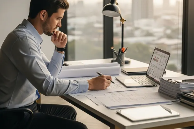 Business owner and realtor reviewing blueprints and financial documents in a modern office.