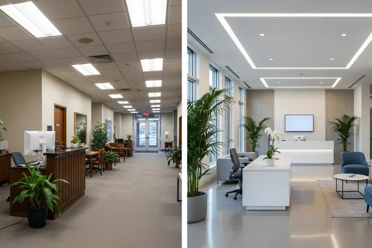 Modern office lobby before and after renovation.