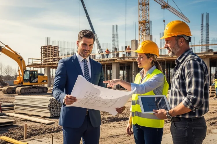Professional realtor wearing business attire, standing beside architect and contractor at construction site.
