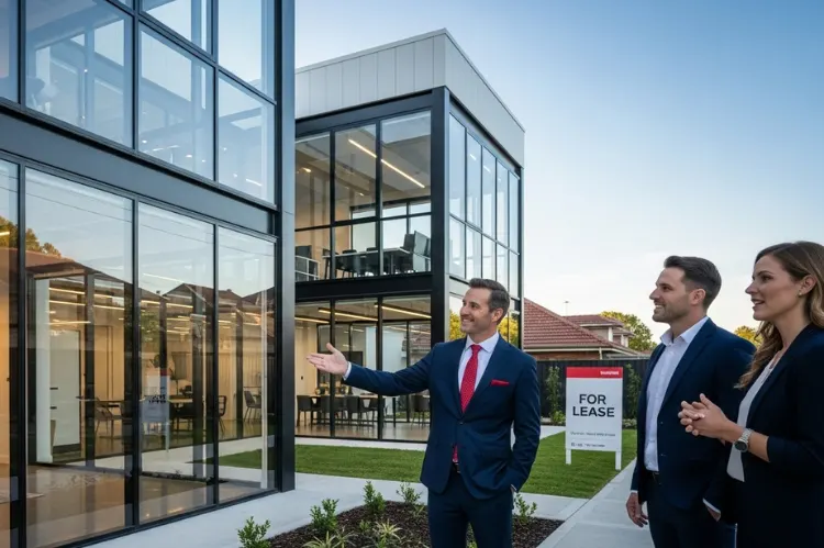 Realtor presenting a polished commercial property to clients.
